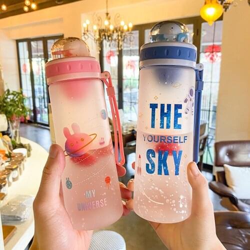 Kawaii Cartoons Milk Water Bottle With Lid Rope Portable Leakproof Matte Food Grade Plastic Cup Fashion Drinking Water Bottles