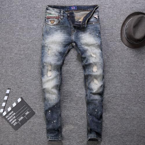 Italian Style Fashion Men Jeans Retro Gray Blue Elastic Slim Fit Ripped Jeans Men Distressed Vintage Designer Cotton Denim Pants
