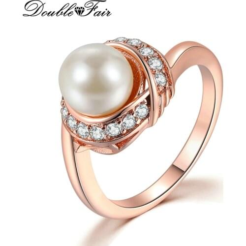 Fashion Brand Austrian Crystal Rose Gold Color Simulated Pearl Rings for Women Wedding Vintage New Jewelry R676