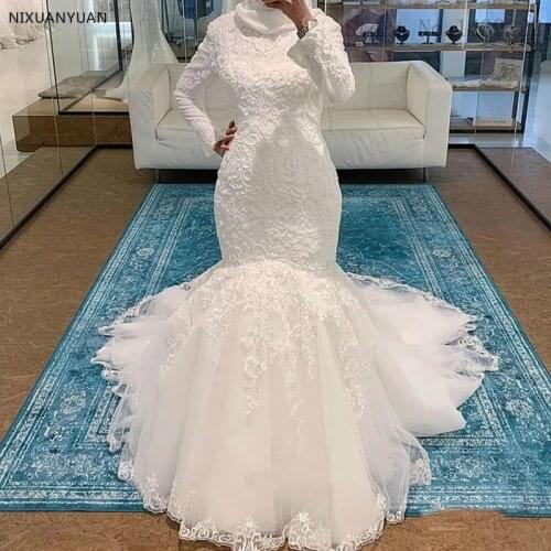 Muslim Lace Mermaid Wedding Dress O Neck Long Sleeves Invisible Zipper Robe De Mariee 2021 Dubai Arabic Bride Dress