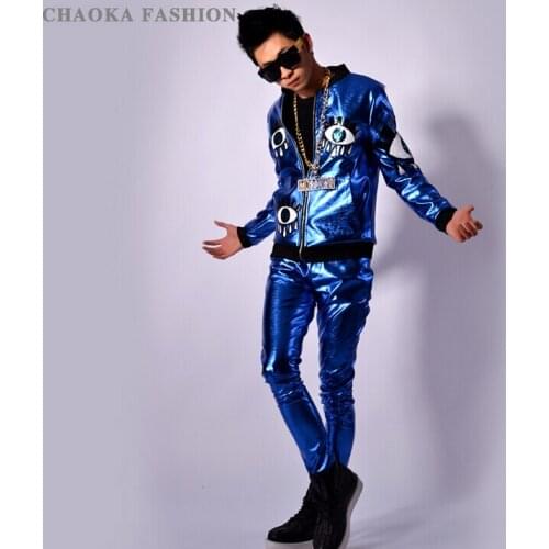Plus Size Mens Stage Coat Sapphire Blue Eyes Baseball Jackets Dj Bar Male Singer Costume Ds Trend Personal Leather Jacket