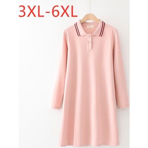 New 2021 ladies spring autumn plus size midi dress for women large loose long sleeve pink button straight dress 3XL 4XL 5XL 6XL