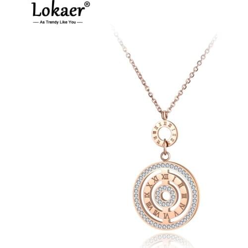 Lokaer Trendy Clay AAA Zircon Stainless Steel Pendant Necklace Rose Gold Roma Numbers Circles Chokers Necklaces For Women N19045