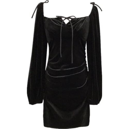 PERHAPS U Black Solid Velvet Long Sleeve Short Mini Dress Elegant Winter Party Lace Up Sexy Bodycon D1498