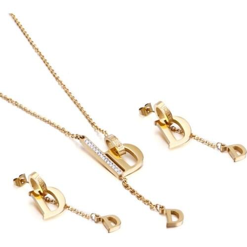 Popular Stainless steel Necklance Pendants and Earrings Jewelry set Letter D sharpe for Ladies