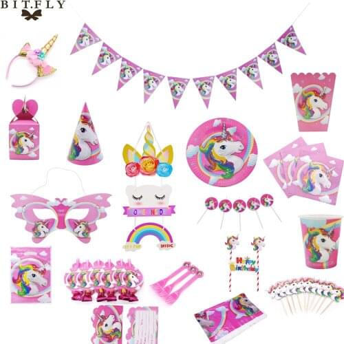 BIT.FLY Unicorn Party Pink Paper Cups Plate Napkin Disposable Tableware Sets Happy Birthday Decorations kid Baby Shower Supplies