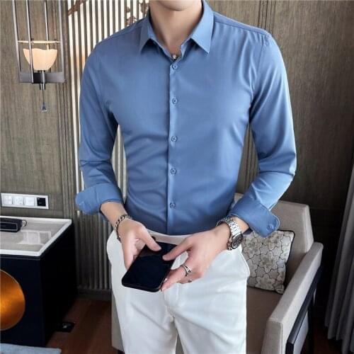 Mens Formal Dress Shirt korean men clothing Casual Slim Fit Business Blouse Homme Long Sleeve solid vintage camisas para hombre