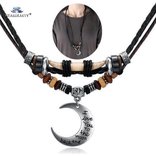 Starose I Love You Black Leather Necklace Men Long Moon Necklace Women Double Layer Tooth Pendants Rope Neckless Jewelry