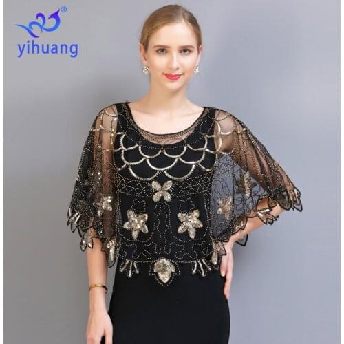 Womens Vintage 1920s Shawl Beaded Sequin Flapper Evening Jacket Up Cape Wedding Wrap Shawls