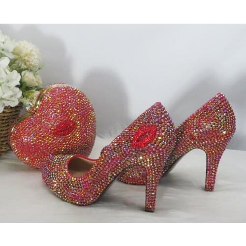 BaoYaFang Red AB Heart 2021 High heels Platform Shoes Woman Big size Round Toe wedding Party Dress Shoes Bag Set High Pumps