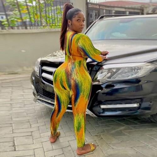 ZJFZML ZZ Women Clothing Jumpsuit Plus Size Tie Dye Print Deep V Neck Long Sleeve Oversize Overalls Dropshipping Wholesale