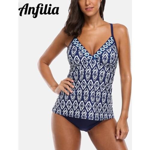 Anfilia Women Halter Tankini Set Two-piece Swimsuit Vintage Floral Printed Swimwear Push Up Sexy Bikini Hollow Back Bathing Suit