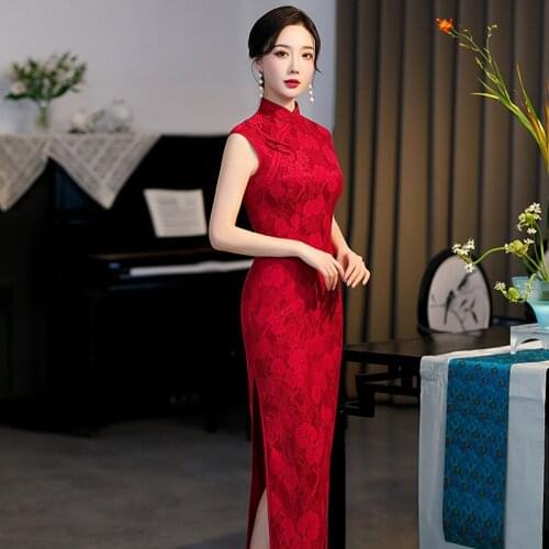 2021 New Fashion Dresses Women Chinese Style Cheongsam Lace Elegant Split Banquet Qipao Republic Female Dance Party Dress