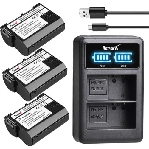 AsperX 3Pcs EN-EL15 EN EL15 ENEL15 Battery + LED Dual USB Charger for Nikon DSLR D600 D610 D800 D800E D810 D750 D7000 D7100 V1