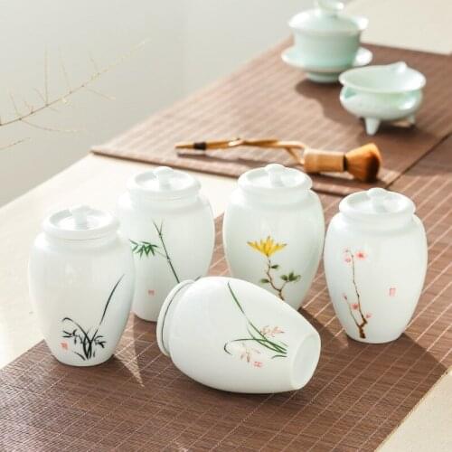 Whiteware Hand-Painted Tea Containers Ceramic Pu'er Sealed Kung Fu Small Number Storage Tank Tea Caddy Tea Jars Ceramic Jar