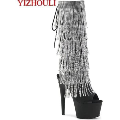 Sparkly fringed middle boots, 17cm high-heeled shoes with round head, sexy pole dancing shoes on the nightclub stage