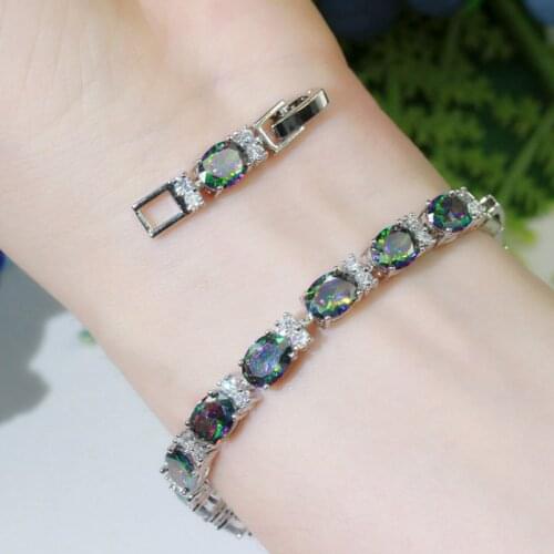 ThreeGraces Shiny Colorful Mystic Cubic Zirconia Crystal Stone Big Oval Shape Bracelet for Women Fashion Wedding Jewelry BR026