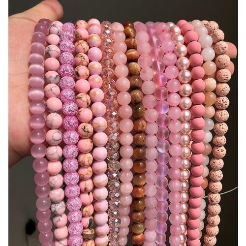 Pink Series Natural Stones Rose Quartzs Pink Crystal Cat Eye Howlite Jades Beads Round Loose Beads For Waist Beads Jewelry Women