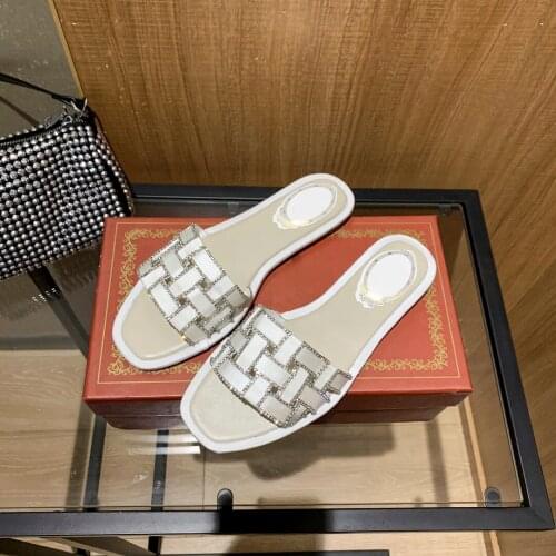 Rhinestone Decor Slippers Women Flat Chaussures Femme Fashion Weave Female Slides Casual Summer Shoes Woman Zapatos De Mujer