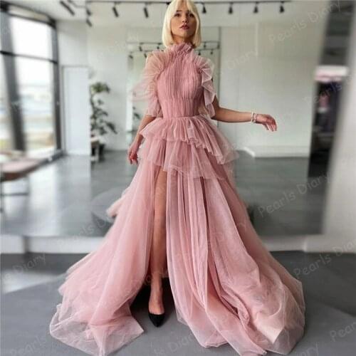 Demure Elegant Prom Dresses High Neck Sleeveless Backless Ruffle High Waist Sweep Train Said Slit Puffy Tulle Evening Gown