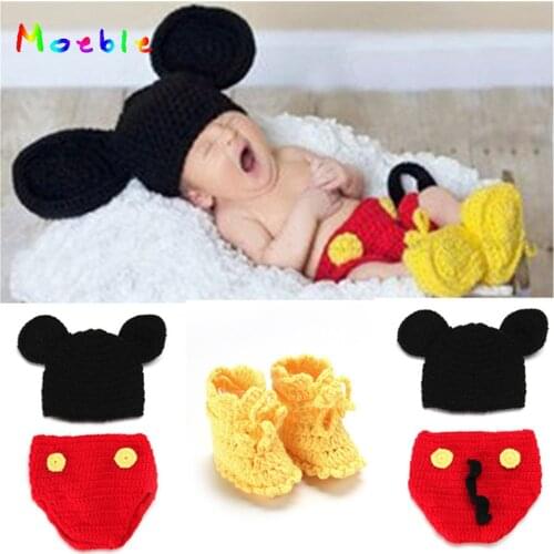 Mickey Design Crochet Baby Hats Pants Shoes Set for Photo Props Knitted Newborn Baby Clothing Set Crochet BABY Costume MZS-14016