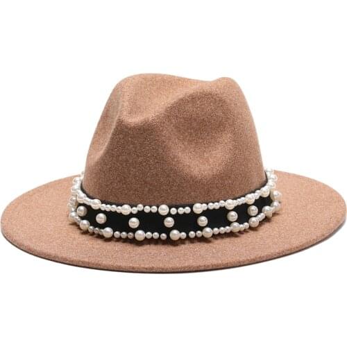 2021 High Quality Fashion Woolen women Felt Jazz Fedora Hats with pearl Belt Unisex Wide Brim Panama men hot Party wedding Cap