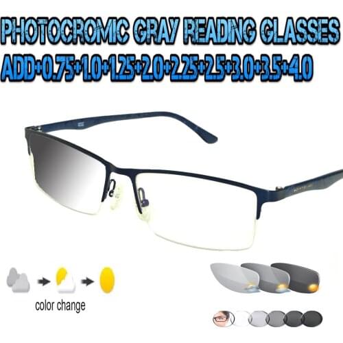 Photochromic Gray Reading Glasses Ultralight Trend High Quality Fashion Men Women blu metal frame +0.75 To +4.0