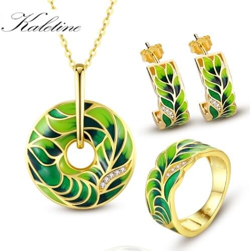 KALETINE Vintage Flower Ring Necklace 925 Sterling Silver Huggie Drop Earrings for Women Bohemian Round Party Enamel Jewelry Set
