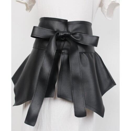 Fashion Leather Wide Corset Belt Women Sexy Mini Skirt Ruffled High Waist Belt Gothic Female Waistband Bow Dress Belt Accessorie