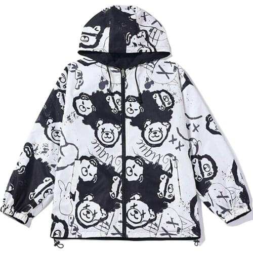 Hong Kong Style Jacket Mens Autumn New Oversize Loose Hooded Jacket Bear Print Fashion Brand