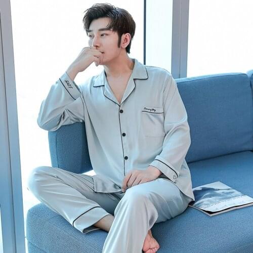 Mens L-XXXL Plus Size 2PCS Pajamas Set Spring Autumn New Satin Sleepwear Turn-down Collar Home Clothes Long Sleeve Nightwear