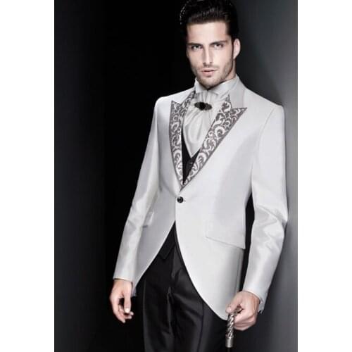 Latest Coat Pant Designs White Pattern Satin Men Suit Italian Slim Fit Tuxedo Skinny 3 Piece Prom Custom Suits Terno Masculino