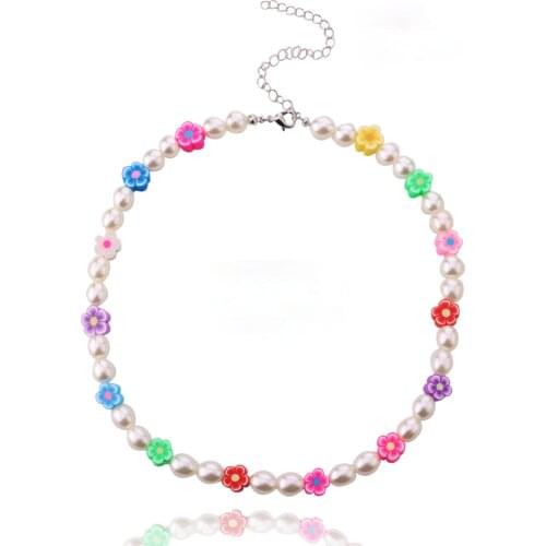 Soft Ceramic Flower Imitation Pearls Beaded Necklace for Women Silver Color Clavicle Chain Short Necklaces 2021 Fashion Jewelry