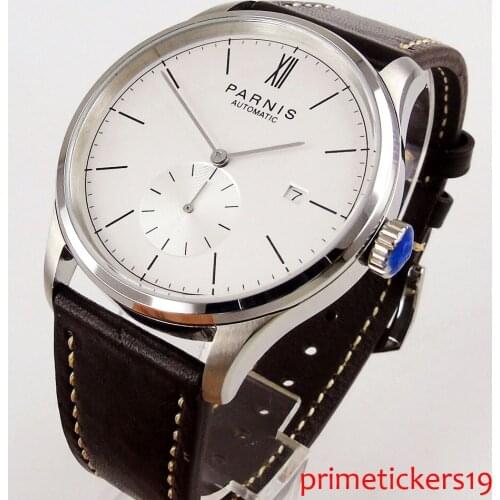 PARNIS 42mm men watch date white dial self winding black dial leather strap