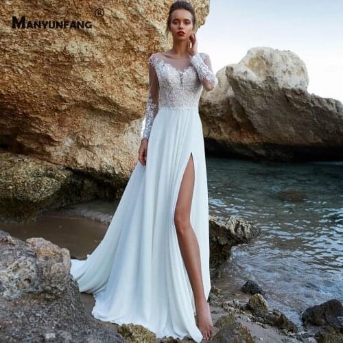 Custom Made O-Neck Full Sleeve Split A-Line Wedding Dress 2021 New Arrival Button Back Embroidery Appliques Tulle Bridal Gown