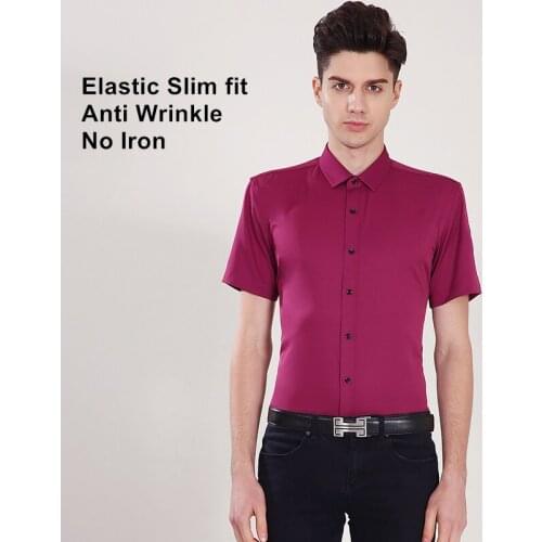Elasticity Anti-Wrinkle Slim No-Ironing Fit Men Dress Casual Summer Short Sleeve Shirt White Black Blue Red Male Social Shirts