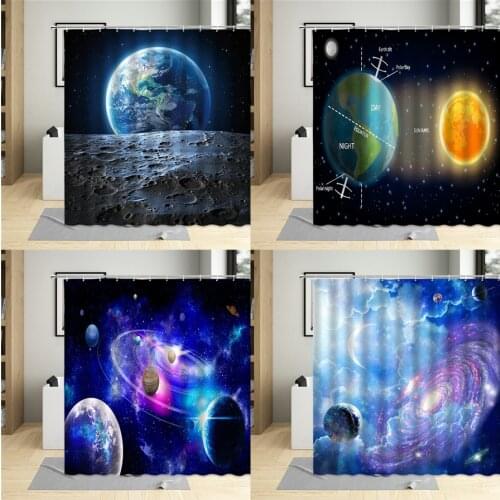 Universe Starry Sky Milky Way Shower Curtain Moon Psychedelic Planet Astronomy Space Bathroom Polyester Cloth Curtains Set Hooks