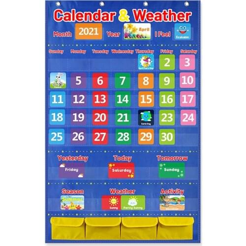 114 Cards Wall Hanging Calendar Weather Season Date Kids Time Center Pocket Chart Set Preschool Posters Charts School Supplies