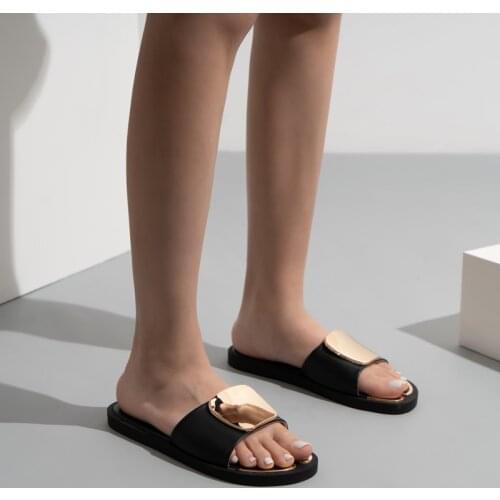 Womens summer metal iron plate flat bottom flat heel slippers womens fashion outerwear luxury womens shoes