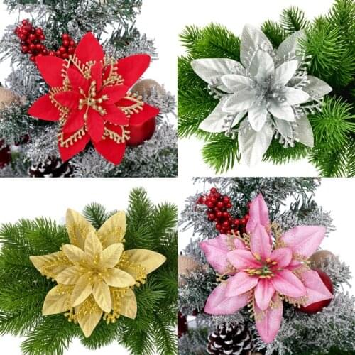 2021 Hot Sale 5Pcs Artificial Glitter Fake Flower Christmas Flowers Merry Christmas Tree Decorations For Home Gift Xmas Ornament