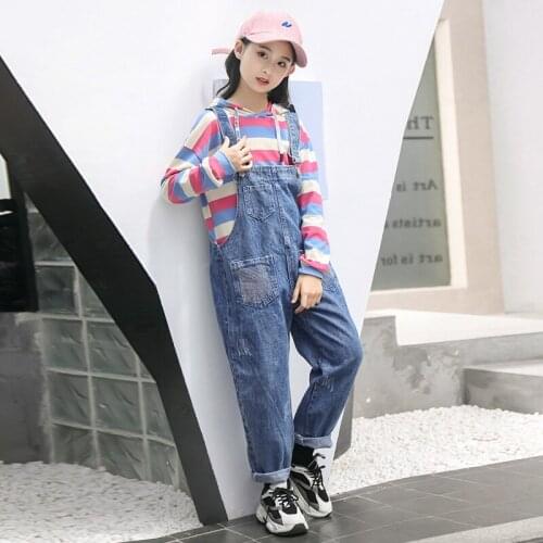 2020 Spring Childrens Suits Girls Denim Suspenders and Stripe Hoodies Thanksgiving Outfits 2 Piece Sets Girls Clothes