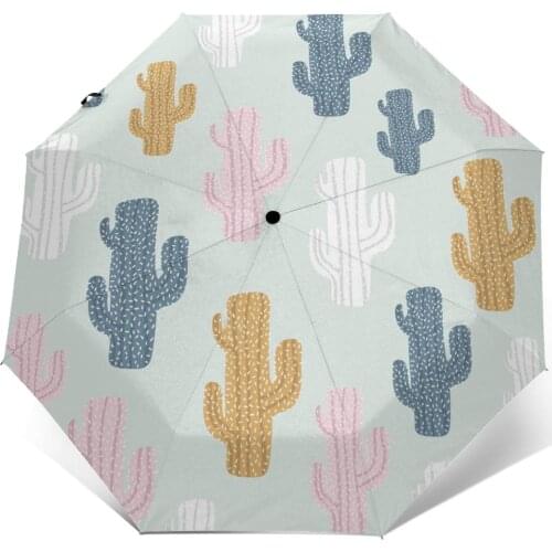 Wind Resistant Fully-Automatic Umbrella Cactuses Pattern Rain 3 Folding Parasol Travel Car Umbrella
