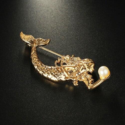 VAKKI Gold Color Vintage Alloy Mermaid Brooches Simulated Pearl Lapel Pin Brooch for Women Lady Jewelry Gift
