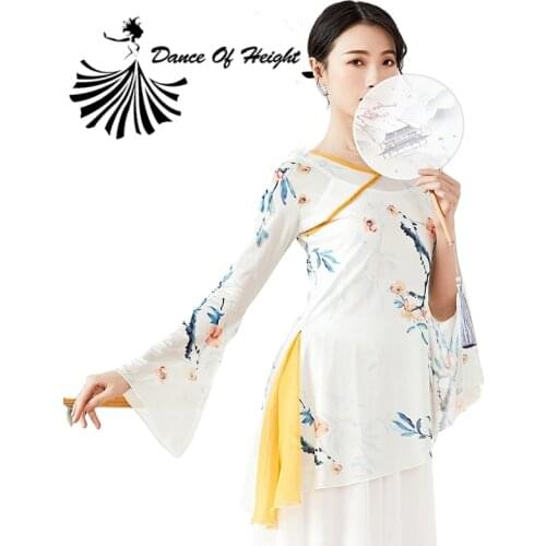 2021 Printed Classical Dance Shirt For Women Chinese Folk Dance Tops Water Yarn Modern Dance Clothes Yoga Practice Wear V Neck