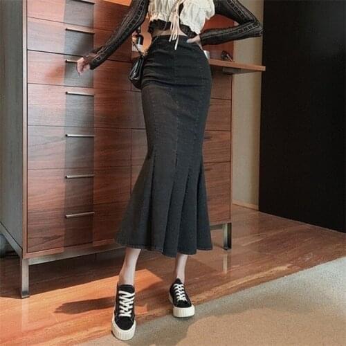 Women High Waist Split Mermaid Gray Skirts Lady Indie Casual Mujer Faldas Fashion Mid-length Vintage Slim Bag Hip Denim Skirt