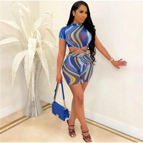 Women’s Casual Crows Feet Striped Two Piece Sets Irregular Stripe Short Sleeve Tie-up Tops and Tight Shorts