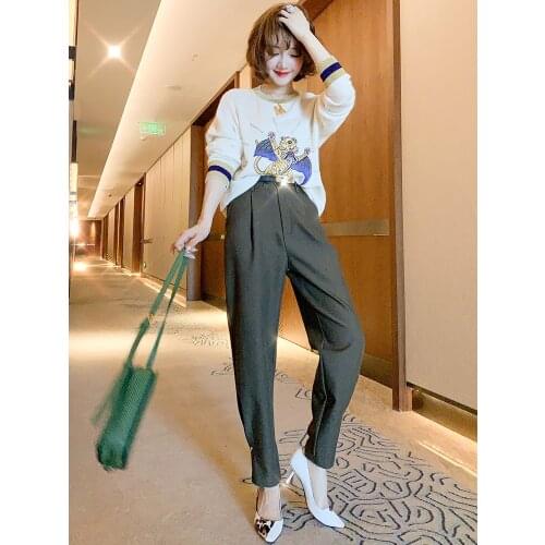 High-waisted chain decoration beam mouth is thin solid color all-match harem pants womens 2020 autumn and winter new