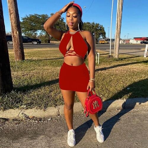 Women Halter Bandage Two Piece Outfits Sleeveless Backless Crop Tops+stacked Skirt Matching Set Sexy Solid Skinny Clubwear New