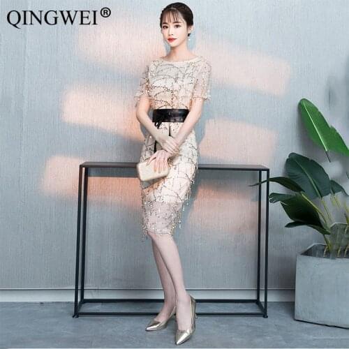 Fringe dress 2019 Sequined high cloth satin with belt in the long section was thin temperament party small dress Black champagne