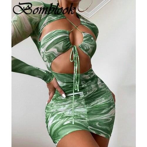 Bomblook Leisure Vacation Bodycon Dresses For Women 2021 Autumn Print Drawstring Shirring Cut Out Mixi Dress Female Streetwears